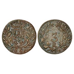 Portuguese India: D. Maria II (1834-1853 AD), Goa, copper pattern 3 reis, 1834, 2.09g