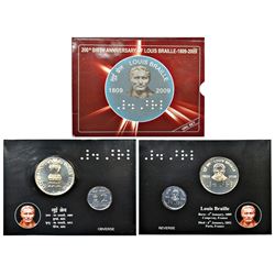 Republic India: 2009, 200th Birth Anniversary of Louis Braille, UNC set of 2 coins, Kolkata mint