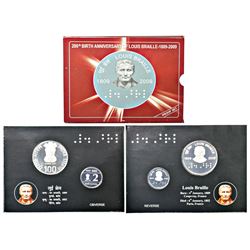Republic India: 2009, 200th Birth Anniversary of Louis Braille, Proof set of 2 coins, Kolkata mint