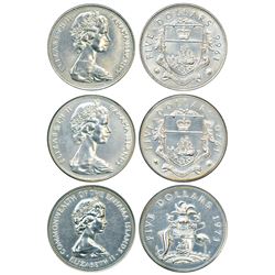 Foreign Coins: Bahamas, Elizabeth II, silver 5 dollars (3 coins)