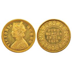 British India: Victoria Queen, gold 5 rupees, proof re-strike, 3.86g, 1870, Calcutta mint