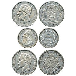 Foreign Coins: A group of 3 silver coins, 2x Belgium and 1x France