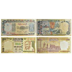 Paper Money: Fancy number notes (2), 1x 100 rupees and 1x 500 rupees