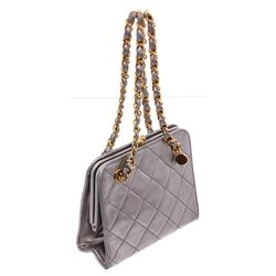 Chanel Metallic Silver Vintage Mini Quilted Lambskin Leather Kiss Lock Shoulder