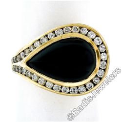 18kt Yellow Gold Pear Cabochon Black Onyx and Channel Set Diamond Ring