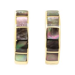 Inlaid Black Mother of Pearl J-Style Earrings - 14KT Yellow Gold