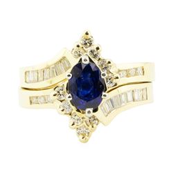 1.53 ctw Oval Brilliant Blue Sapphire And Diamond Ring & Wedding Band - 14KT Yel