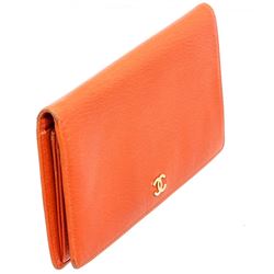 Chanel Orange Lambskin Leather Long Bifold Wallet