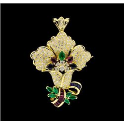 3.37 ctw Ruby, Emerald, Sapphire and Diamond Pendant-Pin - 18KT Yellow Gold