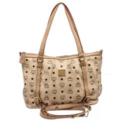 MCM Cream Visetos Coated Canvas Leather Medium Satchel Tote Bag