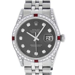 Rolex Mens Stainless Steel Diamond Lugs Rhodium Diamond & Ruby Datejust Wristwat