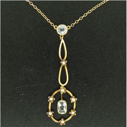 Antique Victorian 10k Yellow Gold Aquamarine Seed Pearl Dangle Pendant Necklace