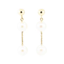 Double Pearl Dangle Earrings - 14KT Yellow Gold