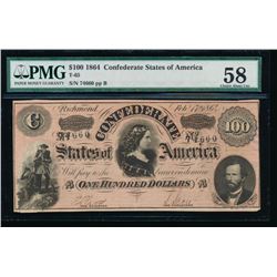1864 $100 Confederate States of America Note PMG 58