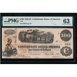 1862-63 $100 Confederate States of America Note PMG 63