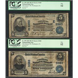 Lot of (2) 1902PB $5 Washington, PA CH# 3383 National Currency Notes PCGS Fine 12