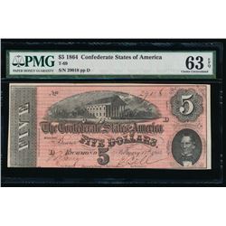 1864 $5 Confederate States of America Note PMG 63EPQ