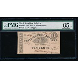 1862 Ten Cent Raleigh NC Obsolete Note PMG 65EPQ