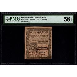 1772 One Shilling Pennsylvania Colonial Note PMG 58EPQ
