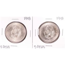 Lot of (2) 1948 Mexico Cuauhtemoc Cinco Pesos Silver Coins