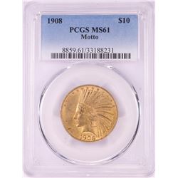 1908 Motto $10 Indian Head Eagle Gold Coin PCGS MS61