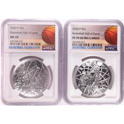 Lot of (2) 2020 P $1 Basketball Hall of Fame Silver Coin NGC MS/PF70