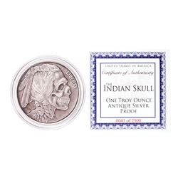 United Snakes of America Indian Skull 1 oz Antique Silver Proof Round w/COA