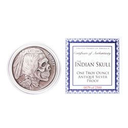 United Snakes of America Indian Skull 1 oz Antique Silver Proof Round w/COA