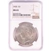 Image 1 : 1925 $1 Peace Silver Dollar Coin NGC MS65