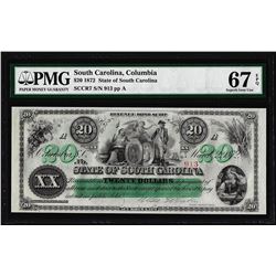 1872 $20 State of South Carolina Revenue Bond Obsolete Note PMG Superb Gem Unc. 67EPQ