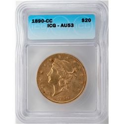 1890-CC $20 Liberty Head Double Eagle Gold Coin ICG AU53