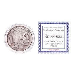 United Snakes of America Indian Skull 1 oz Antique Silver Proof Round w/COA