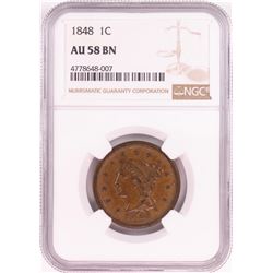 1848 Braided Hair Large Cent Coin NGC AU58 BN