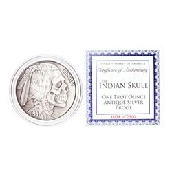 United Snakes of America Indian Skull 1 oz Antique Silver Proof Round w/COA