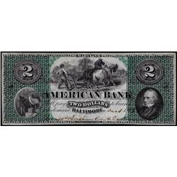 1863 $2 American Bank Baltimore, Maryland Obsolete Note