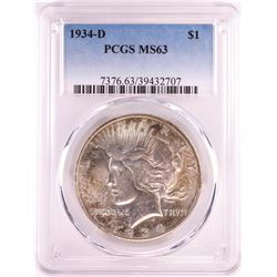 1934-D $1 Peace Silver Dollar Coin PCGS MS63