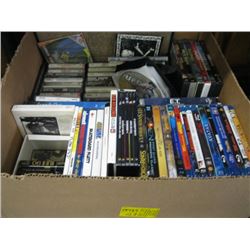 BOX OF MISC DVDS, CDS, CASSETTES ETC.