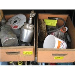 2 WOODEN CRATES OF TAPE MEASURES, PAINT SPRAYERS, MISC ETC.