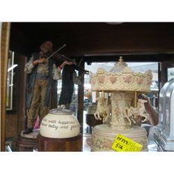 1 LOT OF FIGURINES (MUSICAL CAROUSEL, CERAMIC CLOCK, NUTCRACKER BALLET MUSICAL EGG)