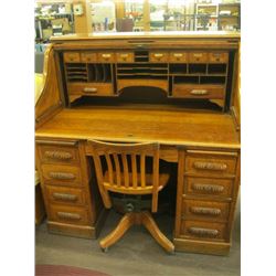 ANTIQUE ROLL TOP DESK WITH MATCHING CHAIR