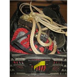 BIN OF ASSORTED HORSE TACK, WHIP