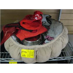 SMALL PET BED, ASSORTED SWEATERS, BOWLS ETC.