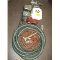 3.5 HP HONDA GX110 WATER PUMP WITH A ROLL OF FIREHOSE, NOZZLES, SUCTION HOSE ETC.