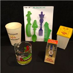 VINTAGE McDANALD'S COLLECTIBLES LOT (WASTEBASKET BANK, WRIST WATCH...)