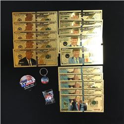 DONALD TRUMP GOLD FOILED NOVELTY BANK NOTES & PINS LOT