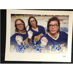 THE HANSON BROTHERS TRIPLE SIGNED 8 X 10  SLAP SHOT  PHOTO (JSA COA)