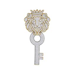Mens Round Diamond King Lion Crown Key Charm Pendant 1-5/8 Cttw 10kt Yellow Gold - REF-80H9R