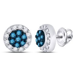 Womens Round Blue Color Enhanced Diamond Flower Cluster Earrings 1/2 Cttw 10kt White Gold - REF-24Y9