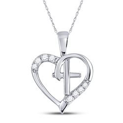 Womens Round Diamond Nested Cross Heart Pendant 1/20 Cttw 10kt White Gold - REF-6M5H