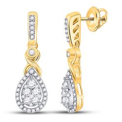 Womens Round Diamond Teardrop Cluster Dangle Earrings 1/2 Cttw 10kt Yellow Gold - REF-38W9K